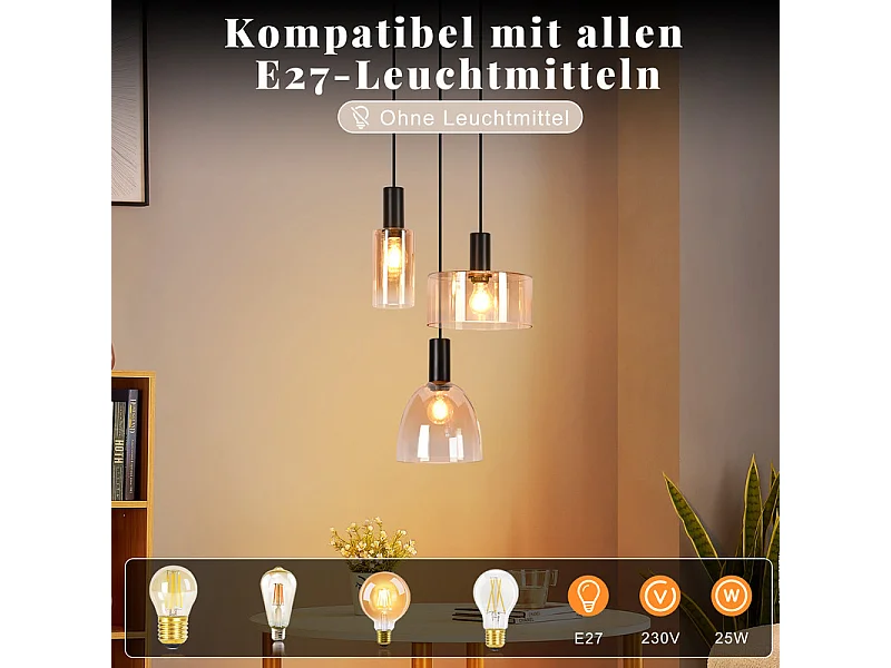 NETTLIFE 3-punktowa lampa wisząca nad stół jadalny, żyrandol w stylu vintage industrial z regulowaną wysokością do kuchni i salonu (żarówki nie są dołączone)