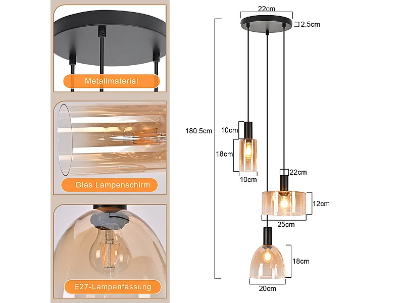 NETTLIFE 3-punktowa lampa wisząca nad stół jadalny, żyrandol w stylu vintage industrial z regulowaną wysokością do kuchni i salonu (żarówki nie są dołączone)