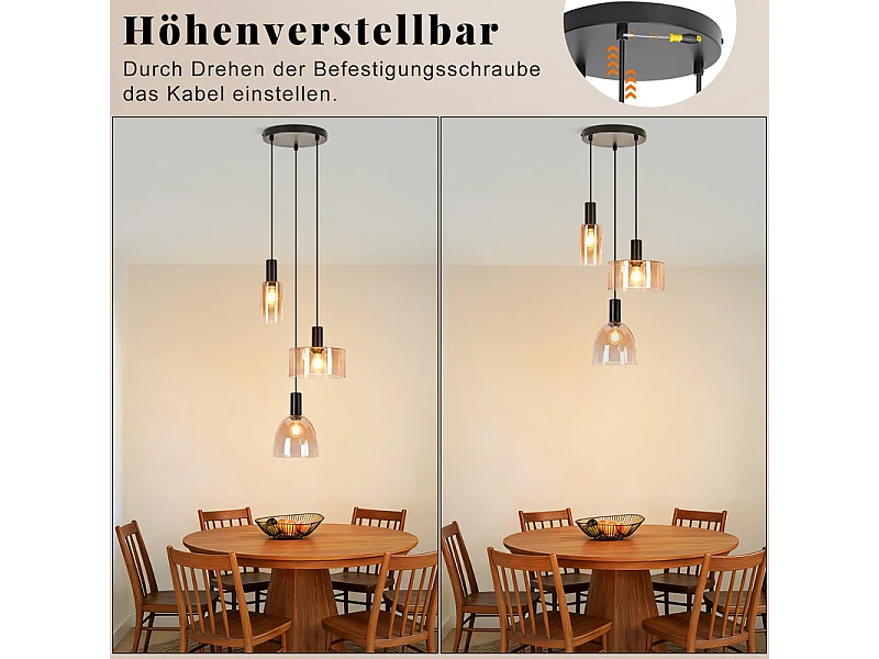 NETTLIFE 3-punktowa lampa wisząca nad stół jadalny, żyrandol w stylu vintage industrial z regulowaną wysokością do kuchni i salonu (żarówki nie są dołączone)
