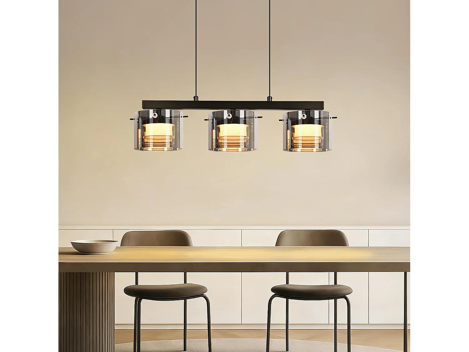 NETTLIFE Suspension LED en Verre 3 Lampes, Lustre Moderne Hauteur Réglable 140cm pour Table à Manger, Salon, Cuisine, Chambre, Couloir