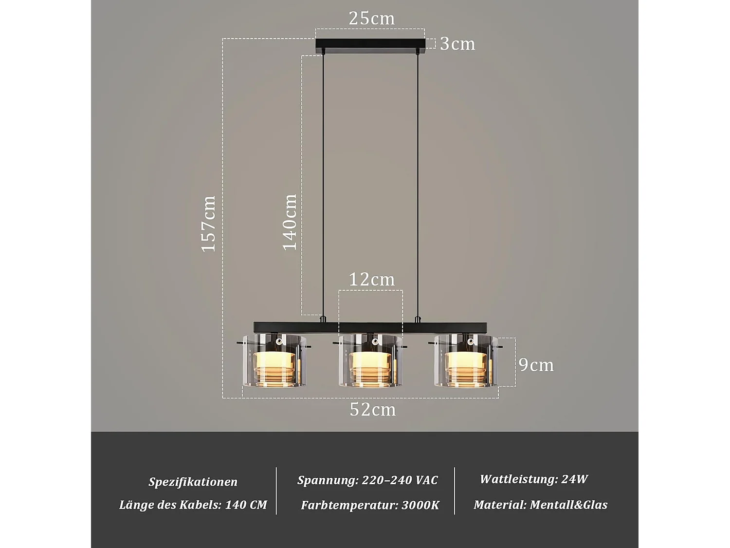 NETTLIFE Suspension LED en Verre 3 Lampes, Lustre Moderne Hauteur Réglable 140cm pour Table à Manger, Salon, Cuisine, Chambre, Couloir