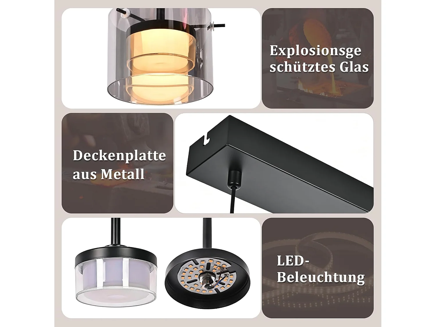 NETTLIFE Suspension LED en Verre 3 Lampes, Lustre Moderne Hauteur Réglable 140cm pour Table à Manger, Salon, Cuisine, Chambre, Couloir
