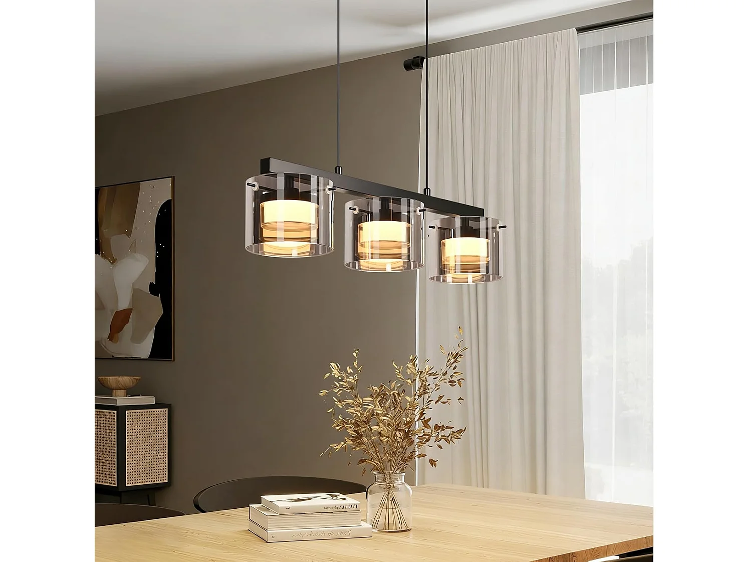 NETTLIFE Suspension LED en Verre 3 Lampes, Lustre Moderne Hauteur Réglable 140cm pour Table à Manger, Salon, Cuisine, Chambre, Couloir