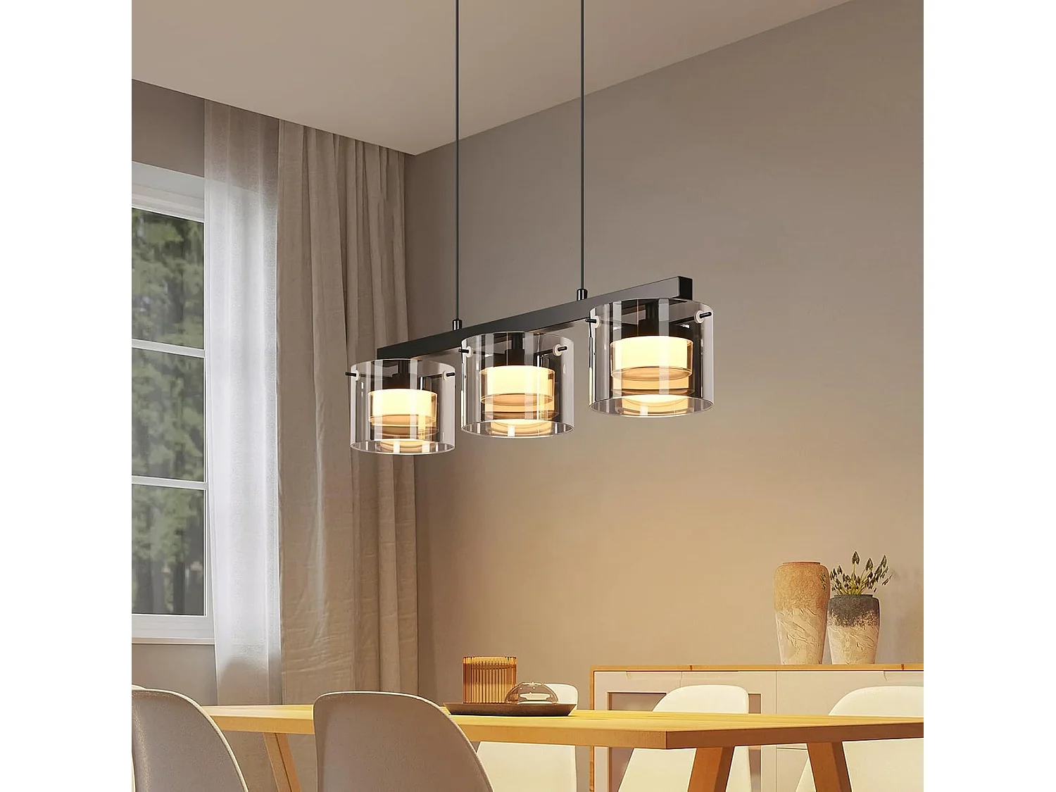NETTLIFE Suspension LED en Verre 3 Lampes, Lustre Moderne Hauteur Réglable 140cm pour Table à Manger, Salon, Cuisine, Chambre, Couloir