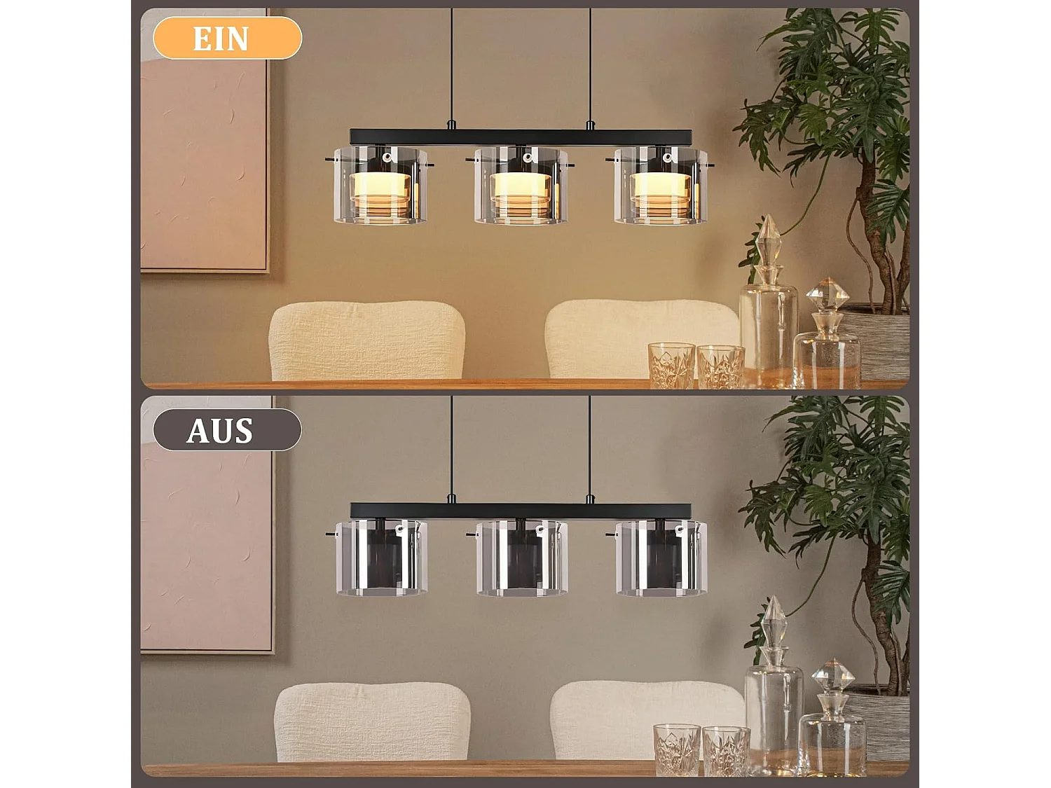 NETTLIFE Suspension LED en Verre 3 Lampes, Lustre Moderne Hauteur Réglable 140cm pour Table à Manger, Salon, Cuisine, Chambre, Couloir