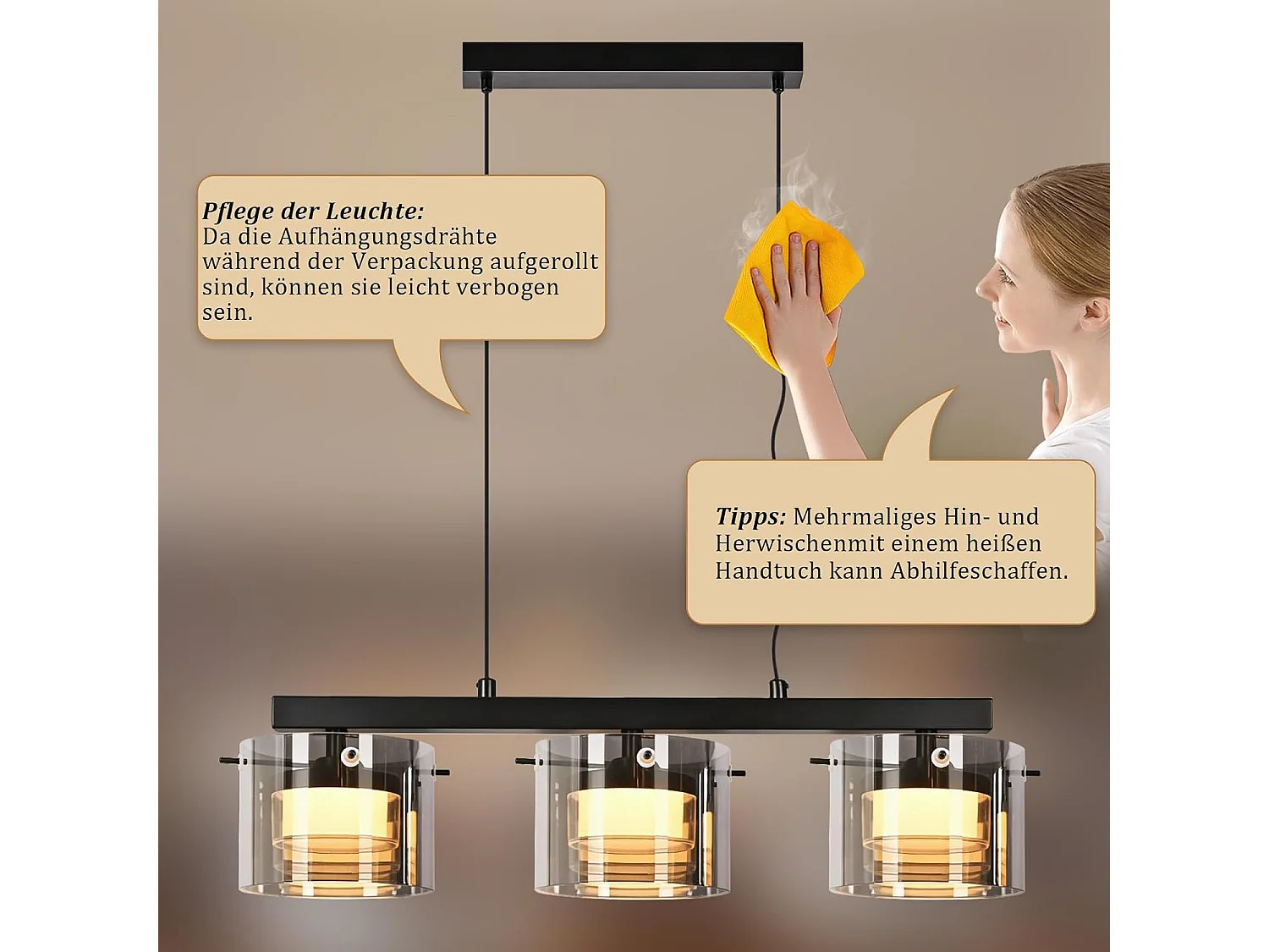 NETTLIFE Suspension LED en Verre 3 Lampes, Lustre Moderne Hauteur Réglable 140cm pour Table à Manger, Salon, Cuisine, Chambre, Couloir