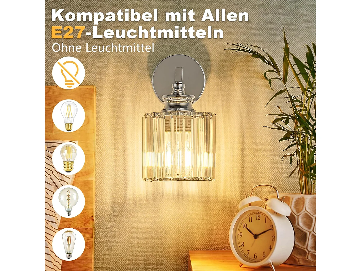 NETTLIFE Applique Murale Cristal Moderne, Lampe de Chevet E27 pour Chambre Salon Escalier Couloir, Luminaire Intérieur 1 Lumière (Sans Ampoule)