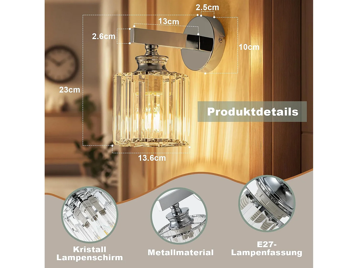 NETTLIFE Applique Murale Cristal Moderne, Lampe de Chevet E27 pour Chambre Salon Escalier Couloir, Luminaire Intérieur 1 Lumière (Sans Ampoule)