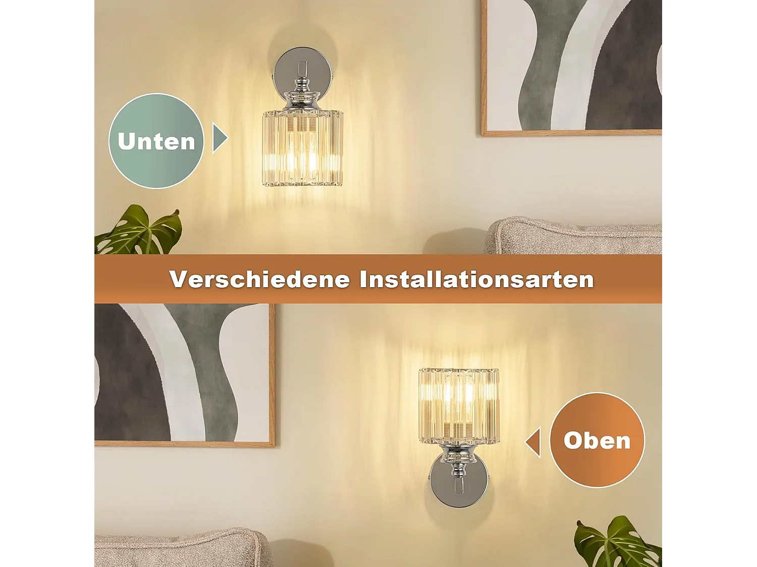 NETTLIFE Applique Murale Cristal Moderne, Lampe de Chevet E27 pour Chambre Salon Escalier Couloir, Luminaire Intérieur 1 Lumière (Sans Ampoule)
