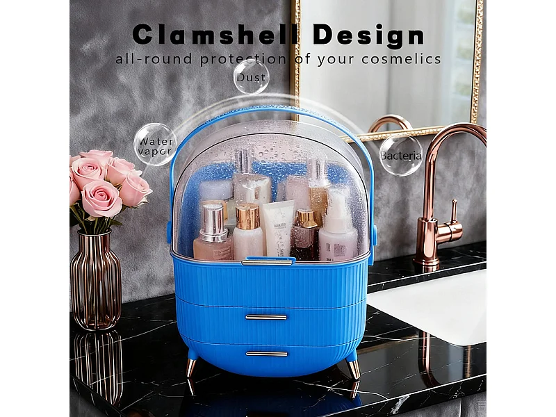 Nettlife Organisateur Maquillage Luxe, Grande Boîte Rangement Cosmétique Portable Étanche Antipoussière avec Tiroirs et Poignée pour Salle de Bain - Bleu Foncé