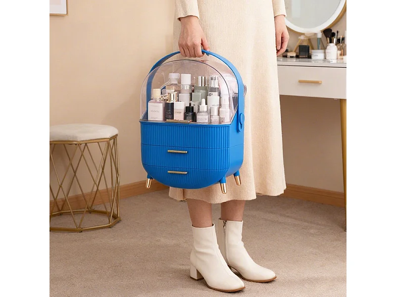Nettlife Organisateur Maquillage Luxe, Grande Boîte Rangement Cosmétique Portable Étanche Antipoussière avec Tiroirs et Poignée pour Salle de Bain - Bleu Foncé