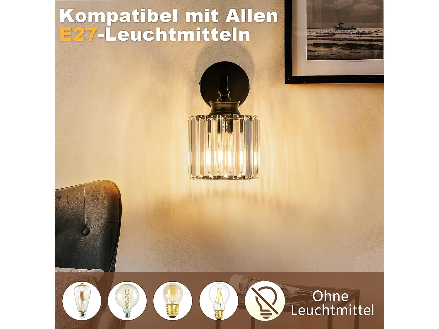 NETTLIFE Applique Murale Cristal Moderne E27, Luminaire Intérieur pour Chambre, Salon, Couloir, Escalier, Lampe de Chevet Design (Sans Ampoule)