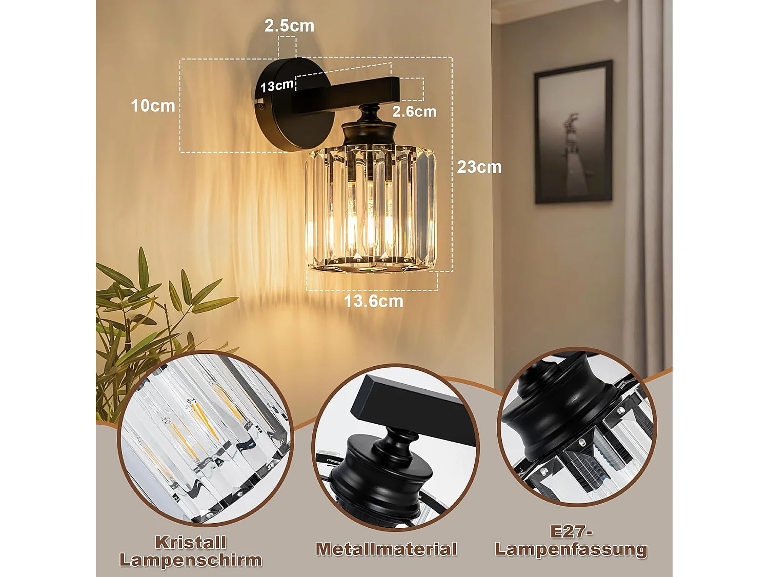 NETTLIFE Applique Murale Cristal Moderne E27, Luminaire Intérieur pour Chambre, Salon, Couloir, Escalier, Lampe de Chevet Design (Sans Ampoule)
