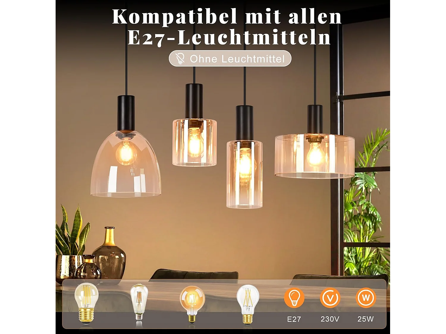 NETTLIFE Lampa wisząca nad stół jadalny ze szkła z 3 żarówkami E27, żyrandol w stylu vintage industrial z regulowaną wysokością (żarówki nie są dołączone)