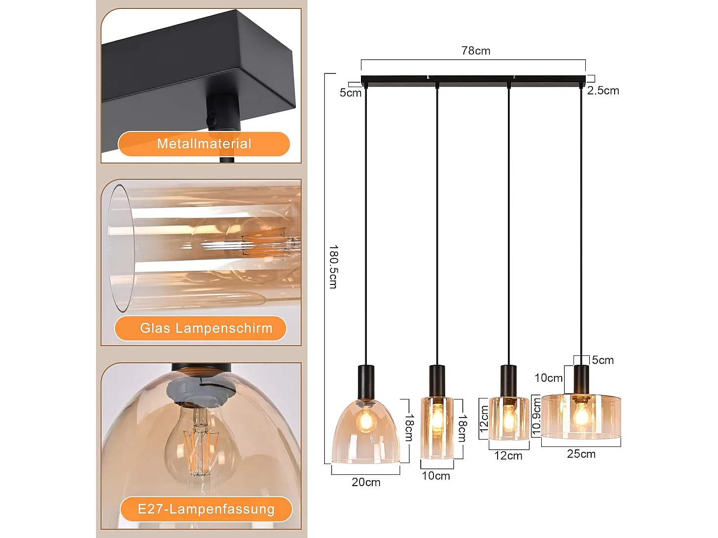 NETTLIFE Lampa wisząca nad stół jadalny ze szkła z 3 żarówkami E27, żyrandol w stylu vintage industrial z regulowaną wysokością (żarówki nie są dołączone)