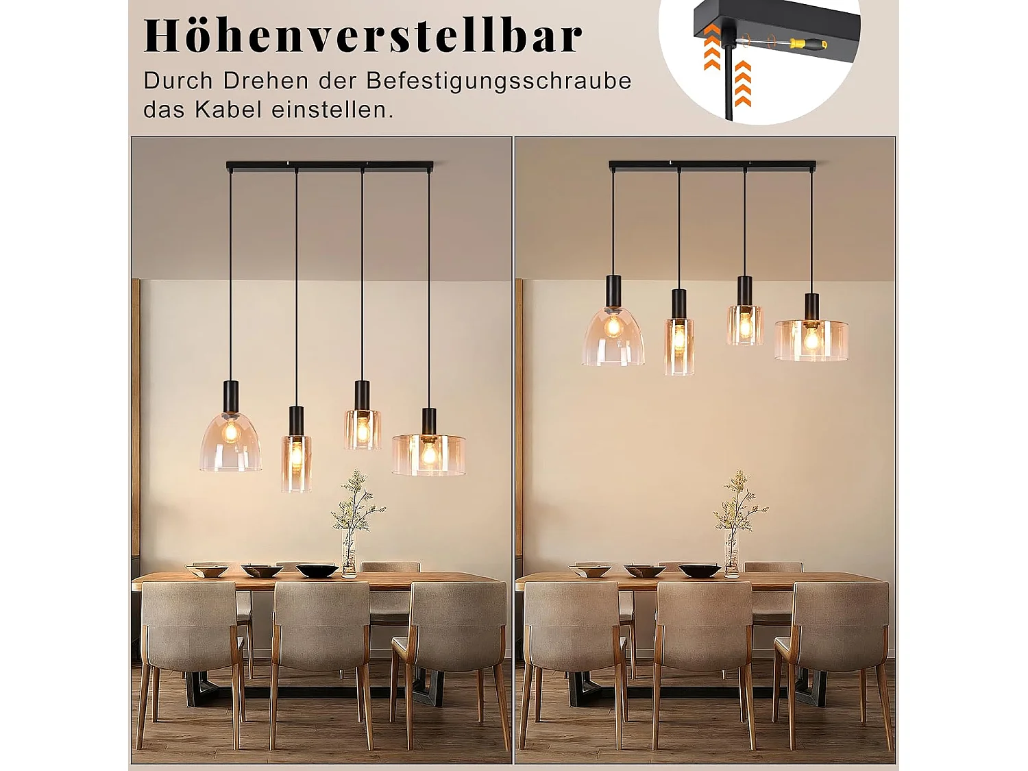 NETTLIFE Lampa wisząca nad stół jadalny ze szkła z 3 żarówkami E27, żyrandol w stylu vintage industrial z regulowaną wysokością (żarówki nie są dołączone)