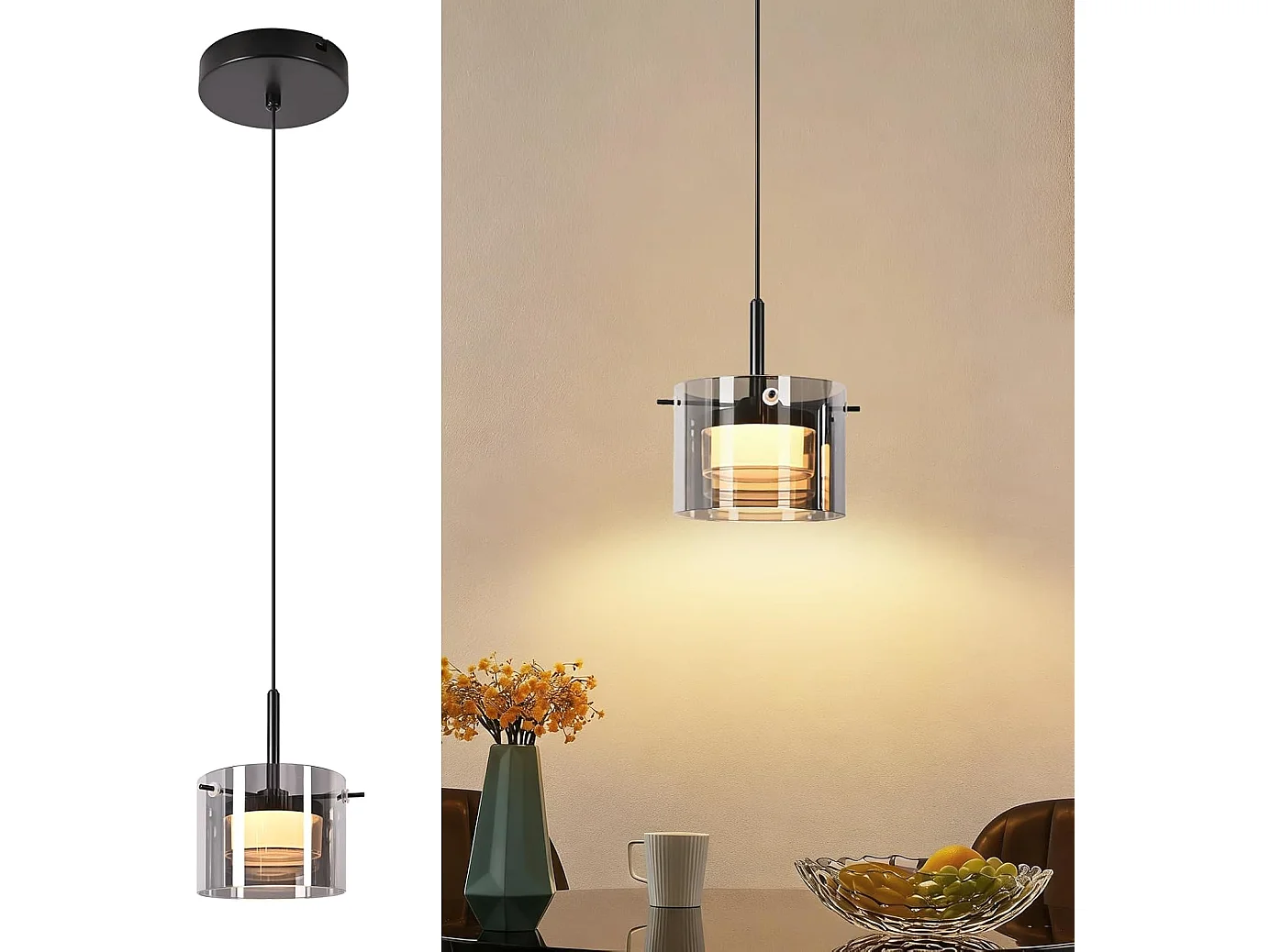 Nettlife Suspension LED en Verre 1 Lampe, Lustre Moderne Hauteur Réglable 140cm pour Table à Manger, Salon, Cuisine, Chambre, Couloir