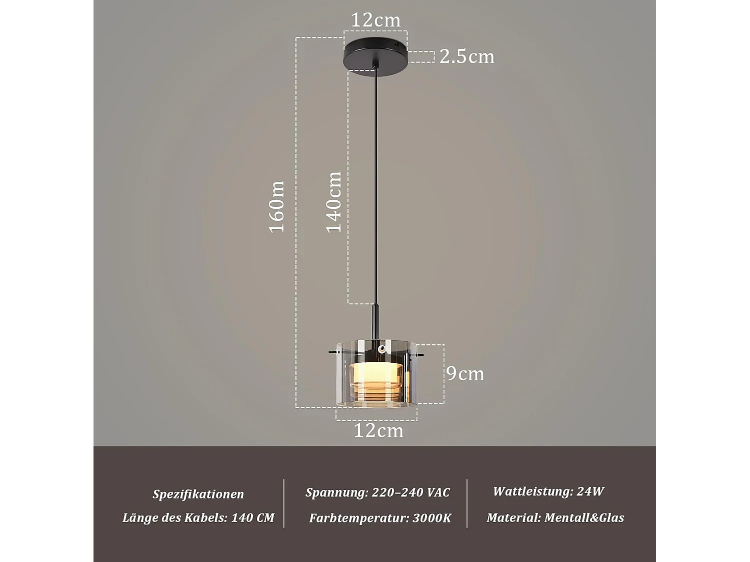 Nettlife Suspension LED en Verre 1 Lampe, Lustre Moderne Hauteur Réglable 140cm pour Table à Manger, Salon, Cuisine, Chambre, Couloir