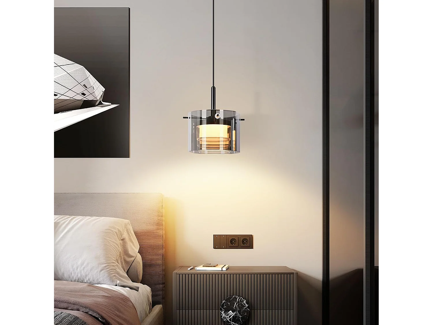 Nettlife Suspension LED en Verre 1 Lampe, Lustre Moderne Hauteur Réglable 140cm pour Table à Manger, Salon, Cuisine, Chambre, Couloir