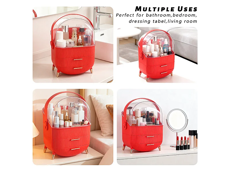 Nettlife Organisateur Maquillage Luxe, Grande Boîte Rangement Cosmétique Portable Étanche Antipoussière avec Tiroirs et Poignée pour Bureau Salle de Bain - Rouge