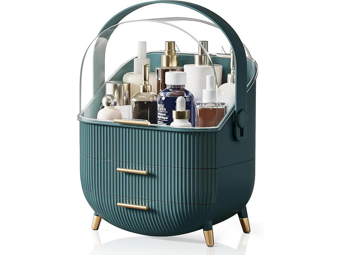 Nettlife Organisateur Maquillage Luxe, Grande Boîte Rangement Cosmétique Portable Étanche Antipoussière avec Tiroirs et Poignée pour Salle de Bain - Vert Foncé