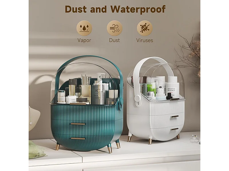Nettlife Organisateur Maquillage Luxe, Grande Boîte Rangement Cosmétique Portable Étanche Antipoussière avec Tiroirs et Poignée pour Salle de Bain - Vert Foncé