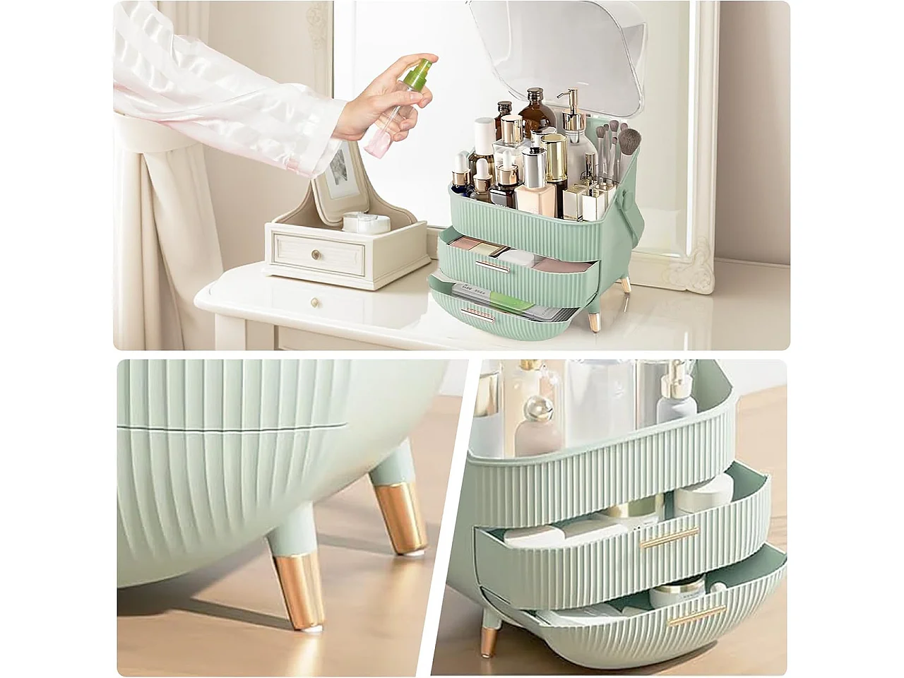 Nettlife Organisateur Maquillage Luxe, Grande Boîte Rangement Cosmétique Portable Étanche Antipoussière avec Tiroirs et Poignée pour Salle de Bain - Vert Clair