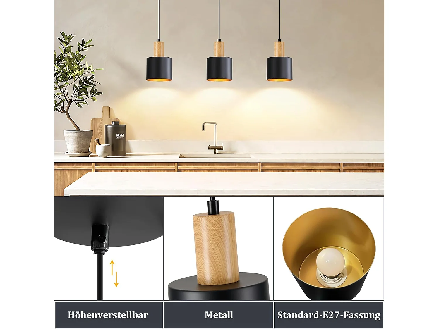 NETTLIFE Suspension Vintage Noire E27, Lustre Salle à Manger Hauteur Réglable, Luminaire de Cuisine et Chambre, Design Industriel, Sans Ampoule