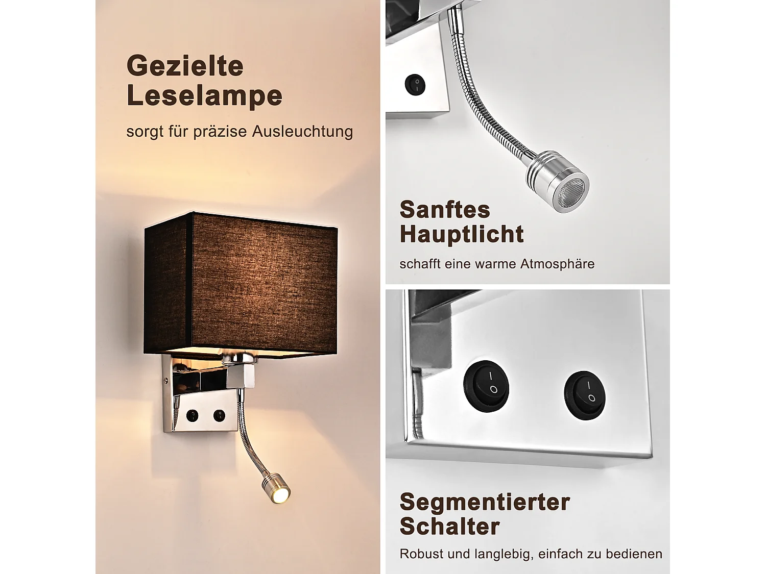 Lámpara de pared LED giratoria 360° NETTLIFE con interruptor, pantalla cuadrada moderna de tela, casquillo E27 para dormitorio, sala de estar, pasillo
