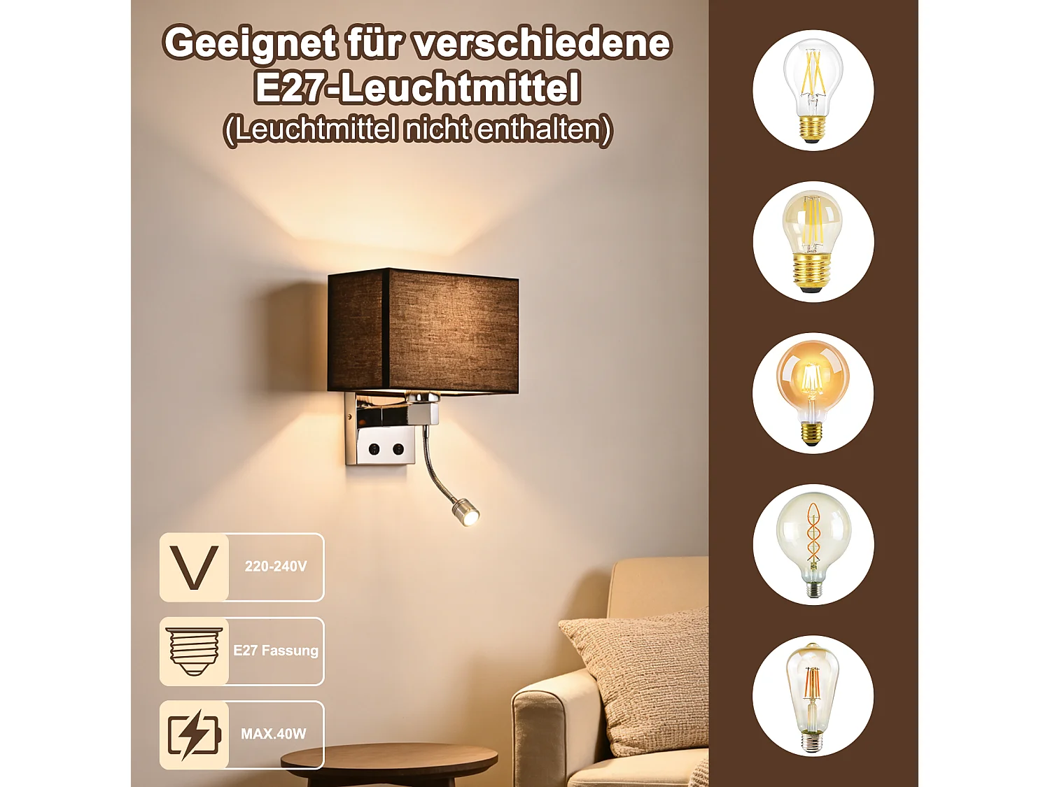 Lámpara de pared LED giratoria 360° NETTLIFE con interruptor, pantalla cuadrada moderna de tela, casquillo E27 para dormitorio, sala de estar, pasillo