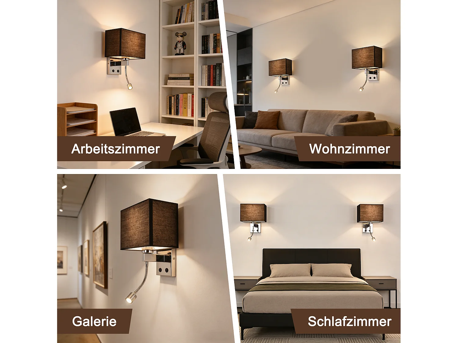 Lámpara de pared LED giratoria 360° NETTLIFE con interruptor, pantalla cuadrada moderna de tela, casquillo E27 para dormitorio, sala de estar, pasillo