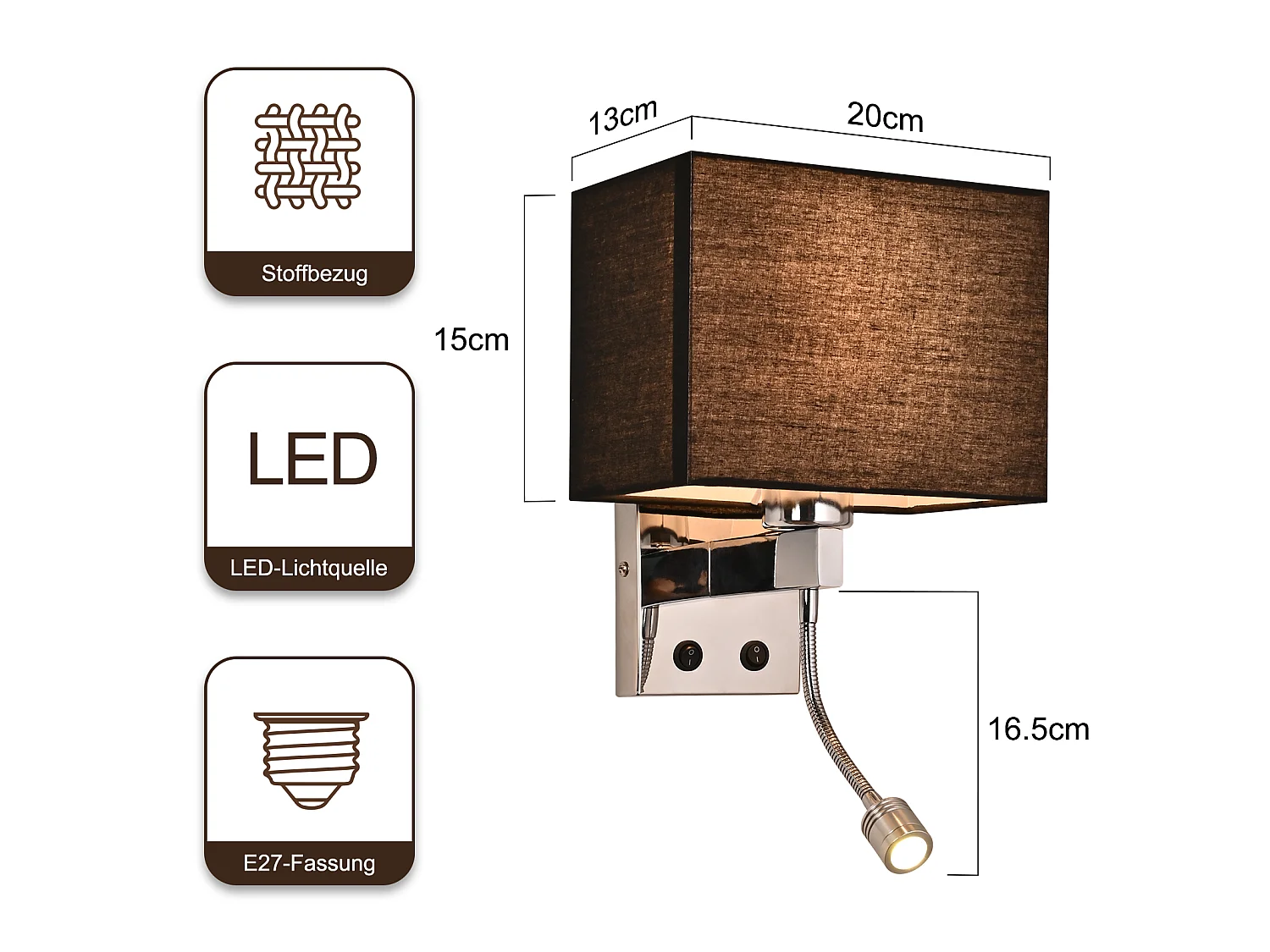 Lámpara de pared LED giratoria 360° NETTLIFE con interruptor, pantalla cuadrada moderna de tela, casquillo E27 para dormitorio, sala de estar, pasillo