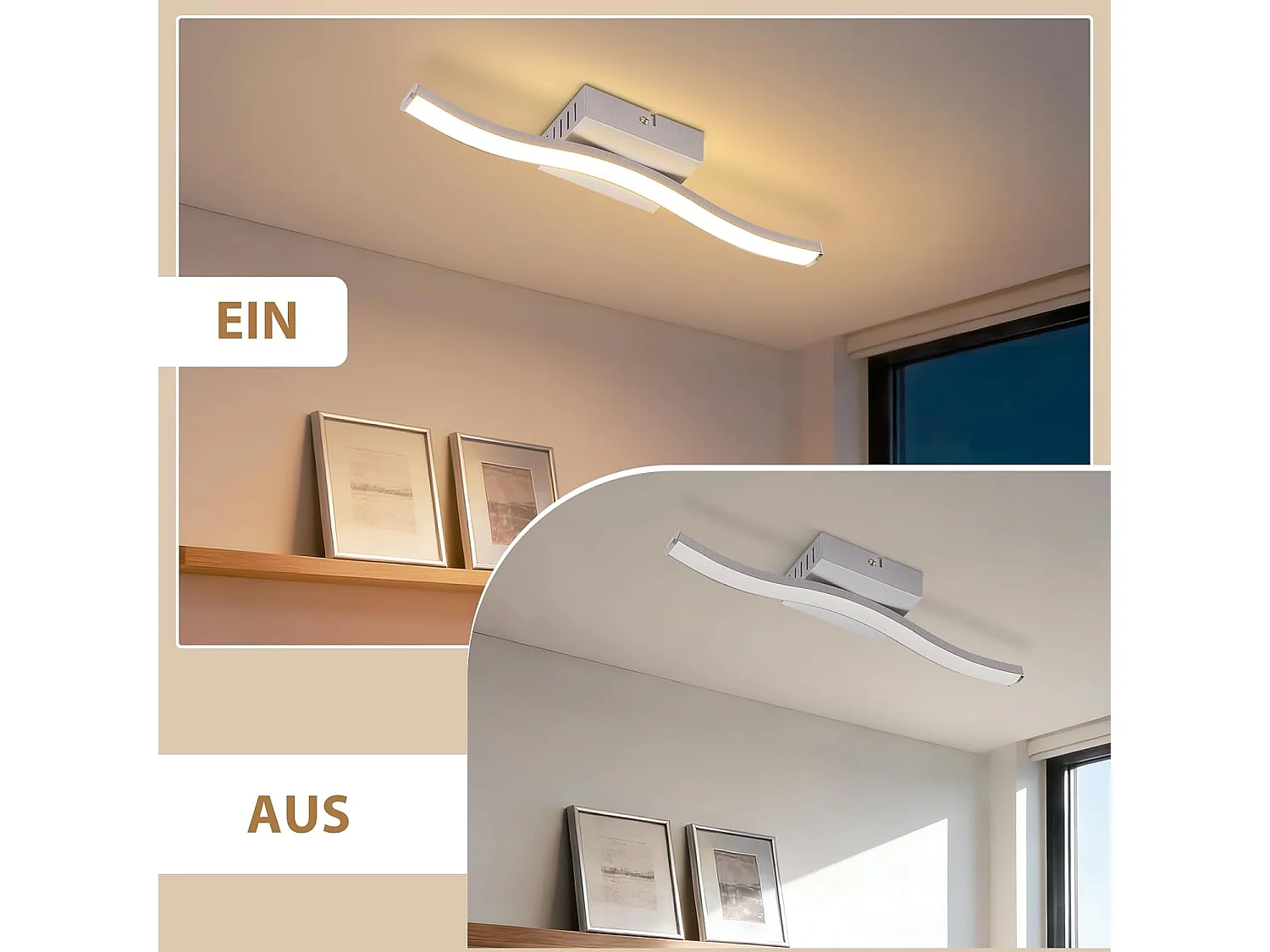 NETTLIFE 6W Silberne LED-Deckenleuchte, modernes Wellendesign, 3000K Warmweiß, Beleuchtung für Wohnzimmer, Schlafzimmer, Küche, Flur, Büro