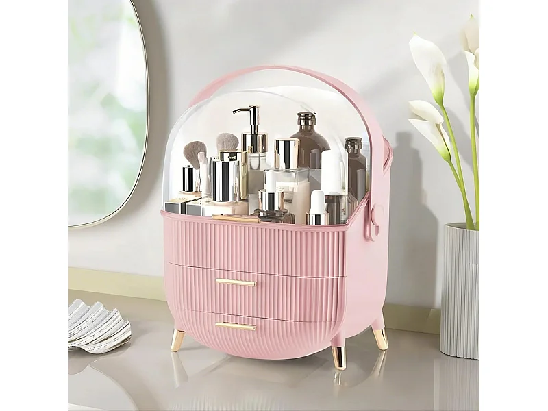 Nettlife Organisateur Maquillage Luxe, Grande Boîte Rangement Cosmétique Portable Étanche Antipoussière avec Tiroirs et Poignée pour Bureau Salle de Bain - Rose