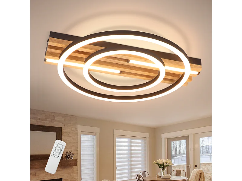 NETTLIFE 34 W, 38 cm, ściemnialna lampa sufitowa LED, drewniana rama, geometryczny kwadratowy metalowy wzór, pilot zdalnego sterowania i funkcja pamięci ustawień