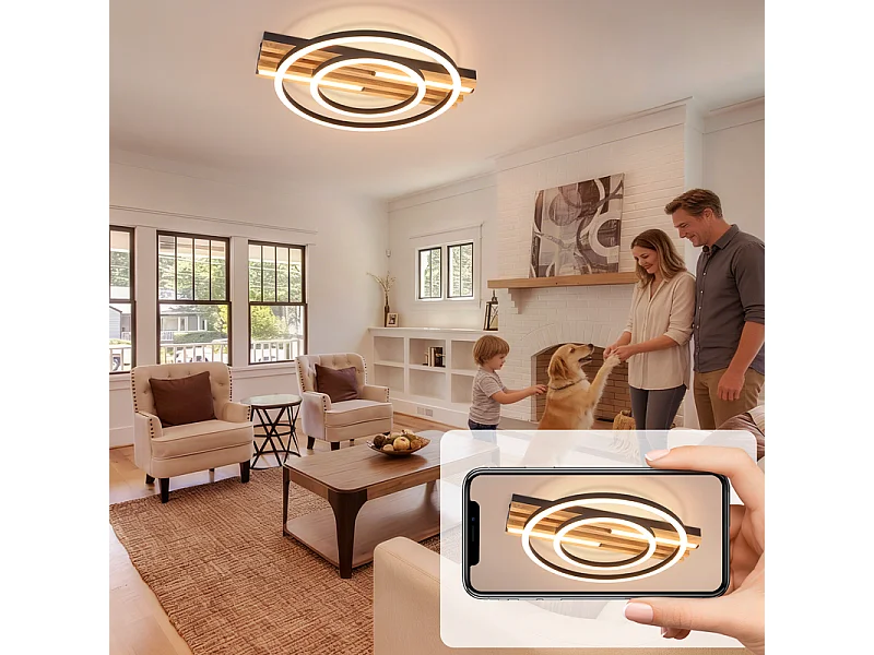 NETTLIFE 34 W, 38 cm, ściemnialna lampa sufitowa LED, drewniana rama, geometryczny kwadratowy metalowy wzór, pilot zdalnego sterowania i funkcja pamięci ustawień