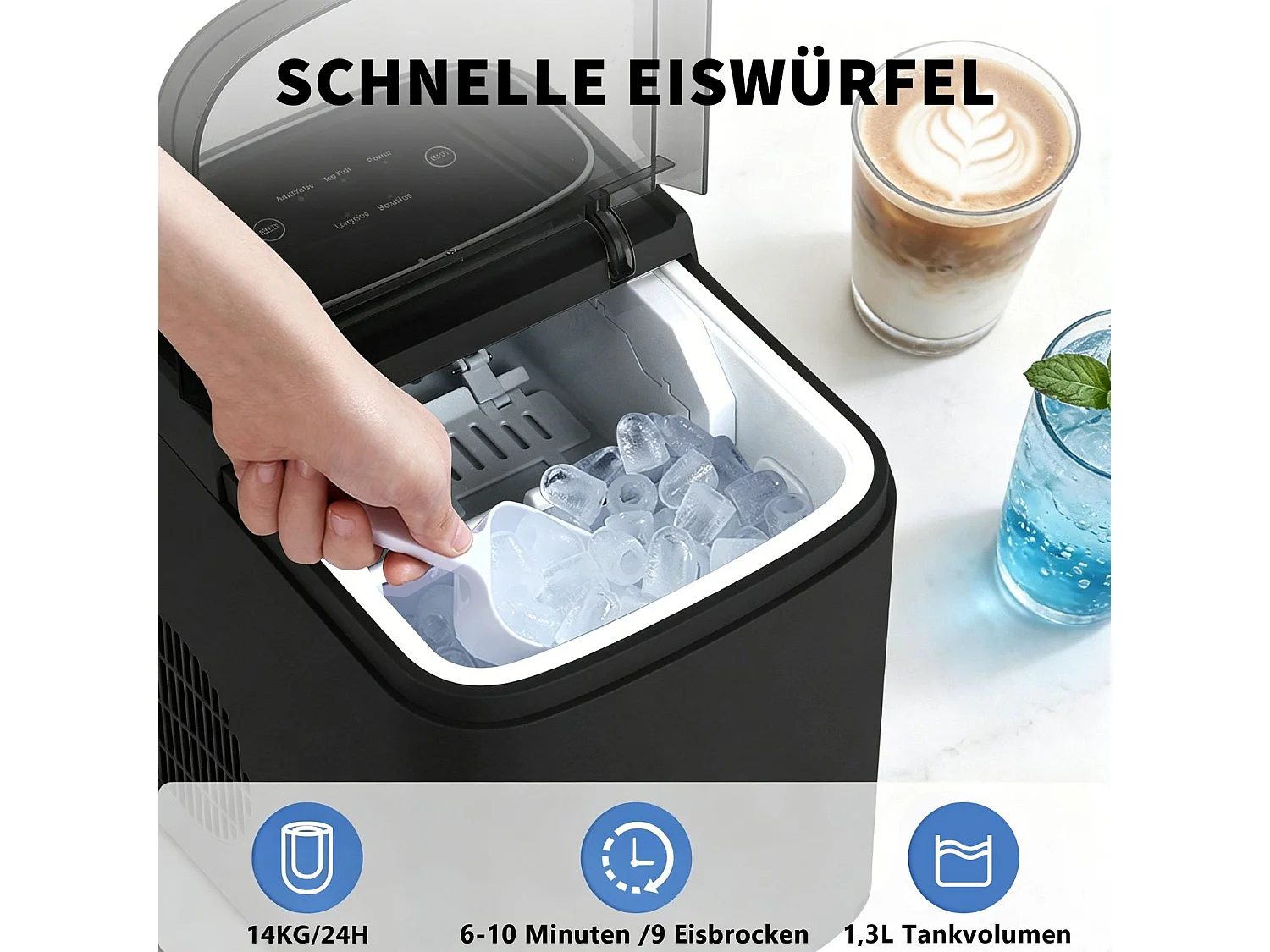 NETTLIFE machine à glaçons compacte : 9 glaçons en 6 min, 14kg/24h, 2 tailles, auto-nettoyage, gris.