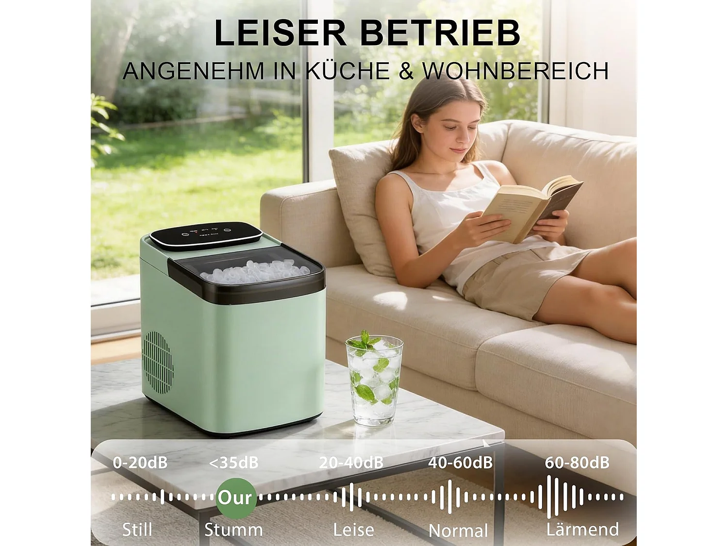 NETTLIFE Machine à Glaçons Compacte & Silencieuse, 9 Glaçons en 6 Min, 14kg/24H, 2 Tailles, Auto-nettoyage, Portable pour Cuisine Bar Party, Vert