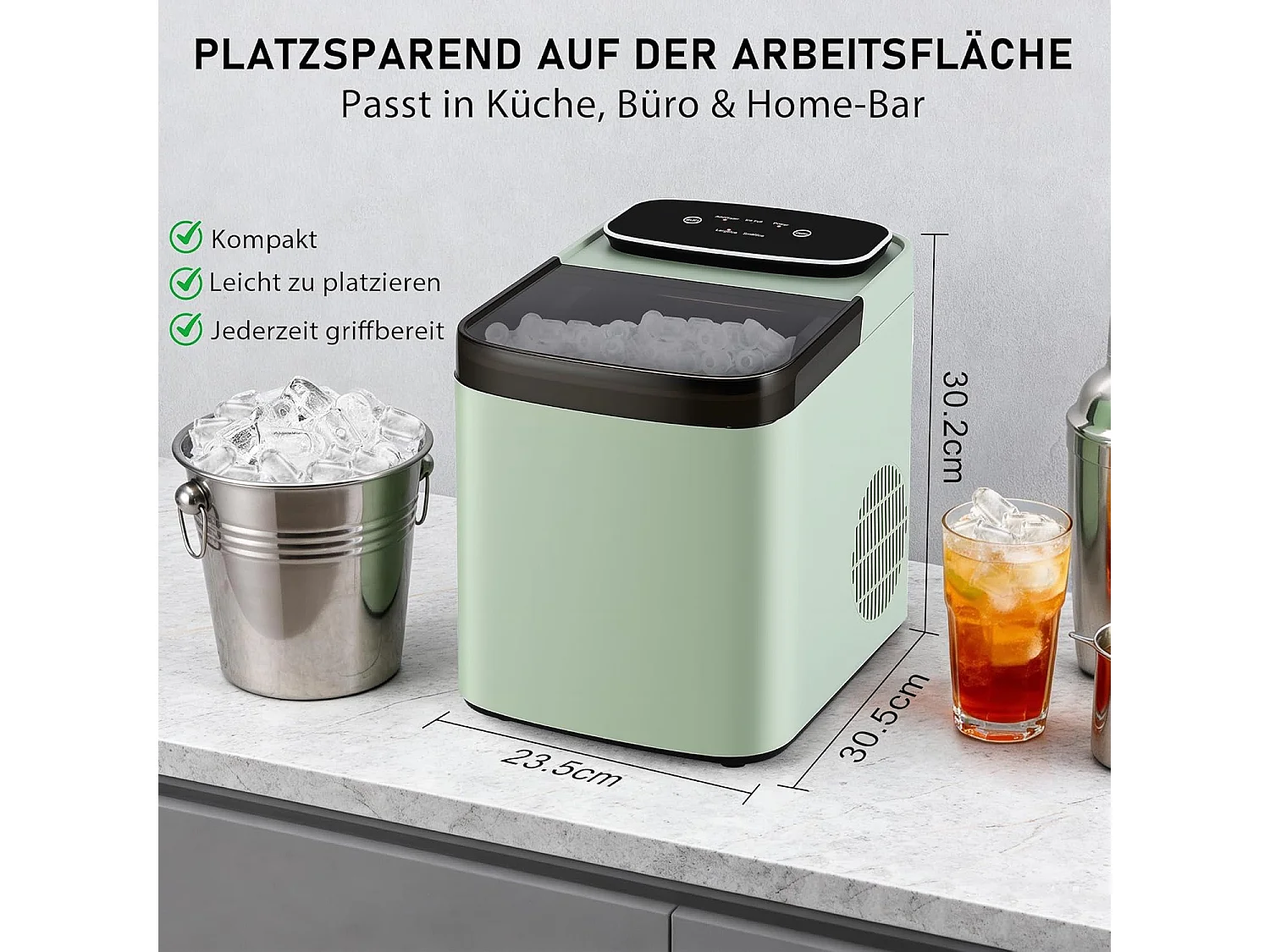 NETTLIFE Machine à Glaçons Compacte & Silencieuse, 9 Glaçons en 6 Min, 14kg/24H, 2 Tailles, Auto-nettoyage, Portable pour Cuisine Bar Party, Vert