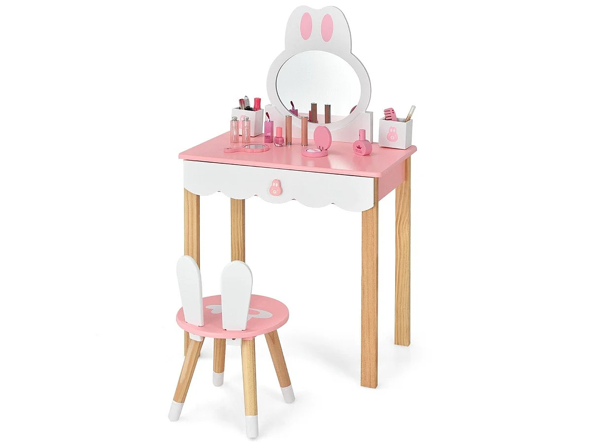 Coiffeuse enfant 2 en 1 avec tabouret et tiroir rose blanc – modèle lapin