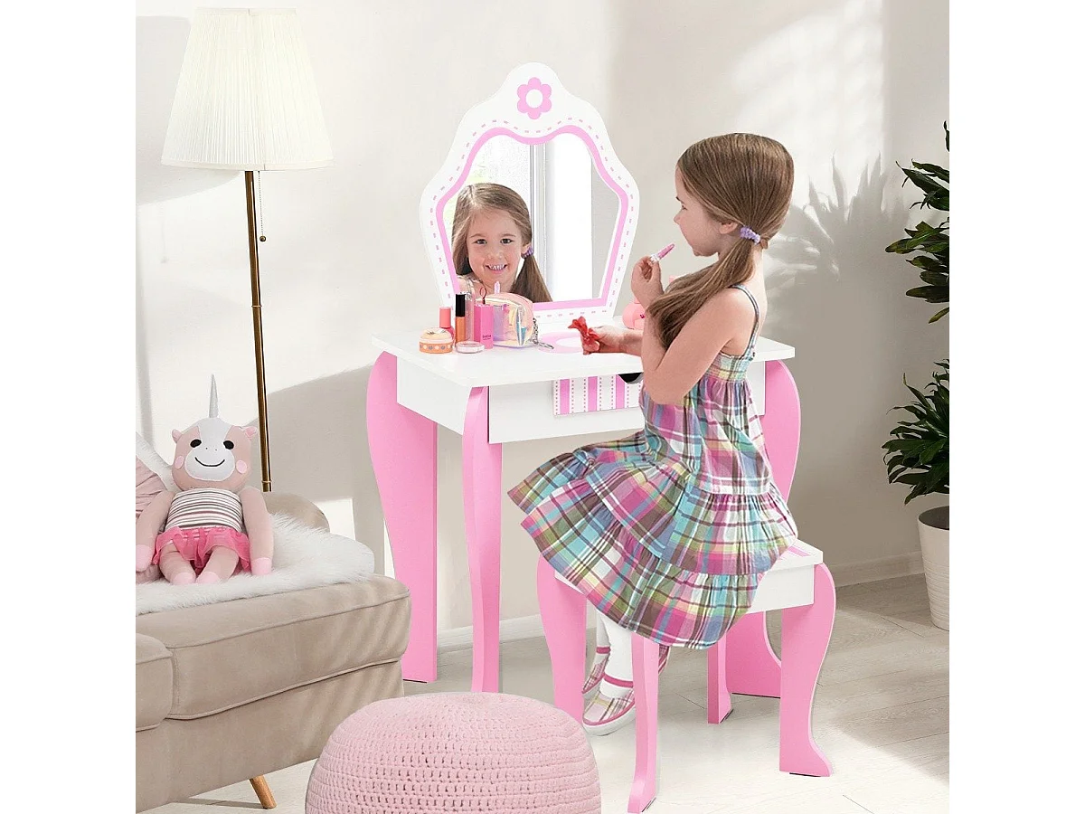 Coiffeuse enfant 2 en 1 avec tabouret et tiroir rose – modèle floral