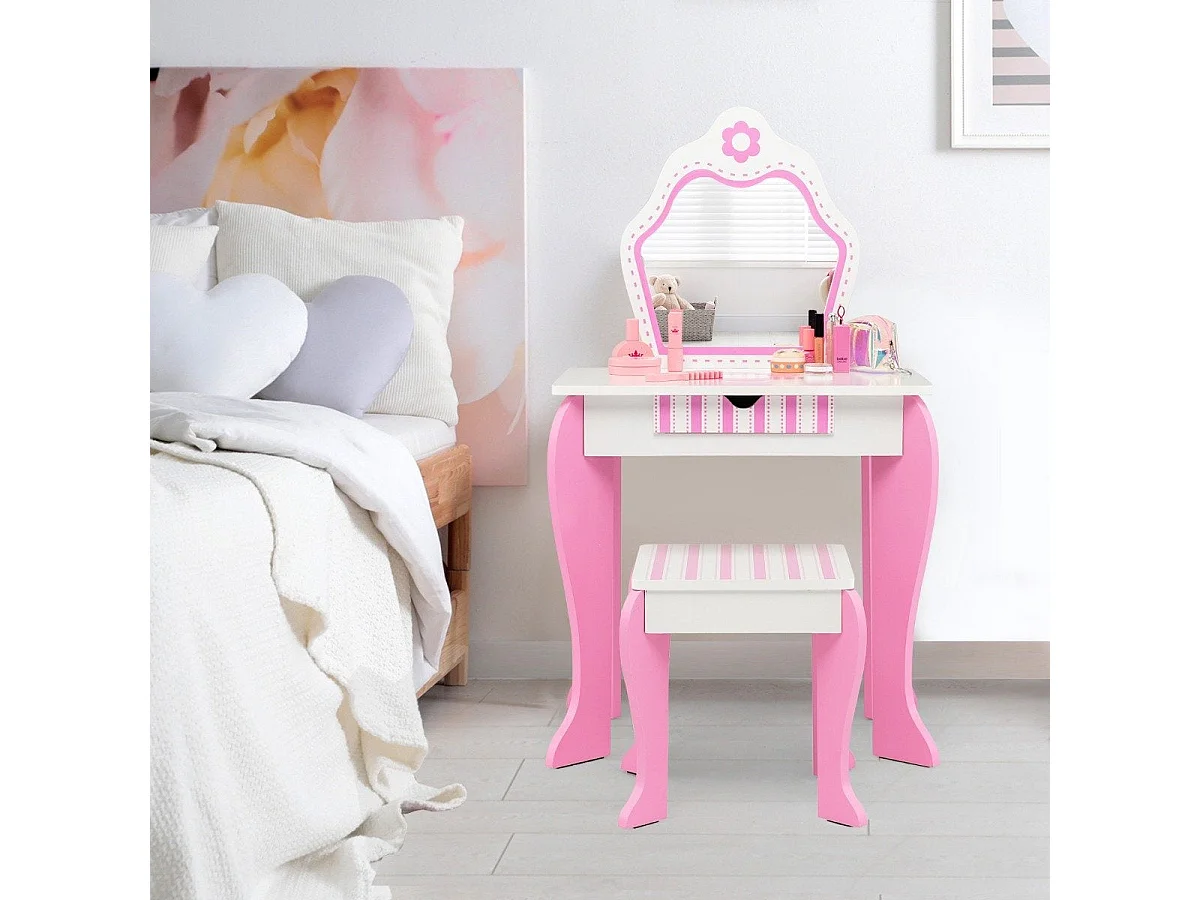 Coiffeuse enfant 2 en 1 avec tabouret et tiroir rose – modèle floral