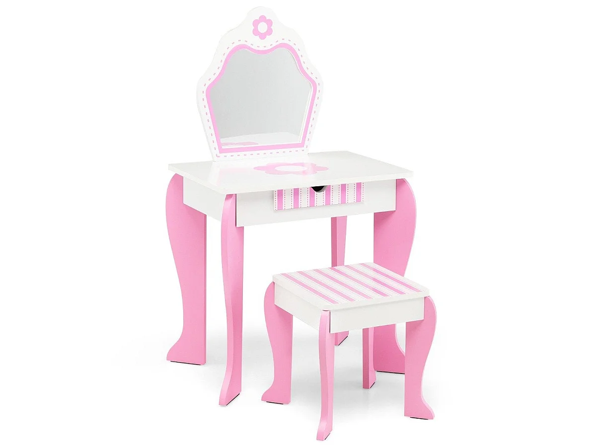 Coiffeuse enfant 2 en 1 avec tabouret et tiroir rose – modèle floral