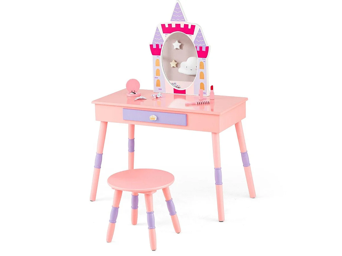 Coiffeuse enfant 2 en 1 avec tabouret miroir amovible rose – modèle château