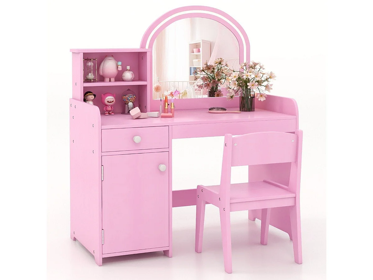Coiffeuse enfant 2 en 1 LED miroir tiroir rose - table princesse