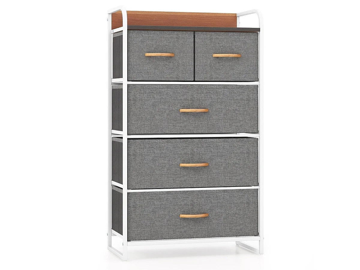 Commode 5 tiroirs en tissu avec structure acier et plateau bois gris