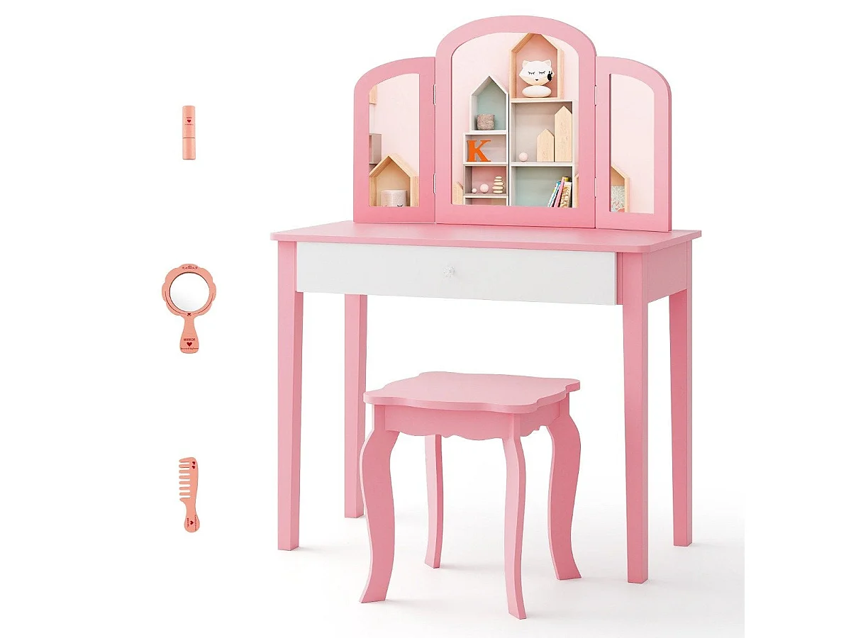Coiffeuse enfant 2 en 1 avec miroir pliant et tiroir rose blanc – modèle élégant