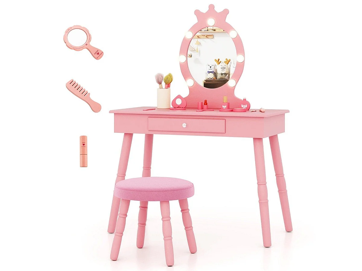 Coiffeuse enfant 2 en 1 avec LED miroir amovible rose – modèle princesse
