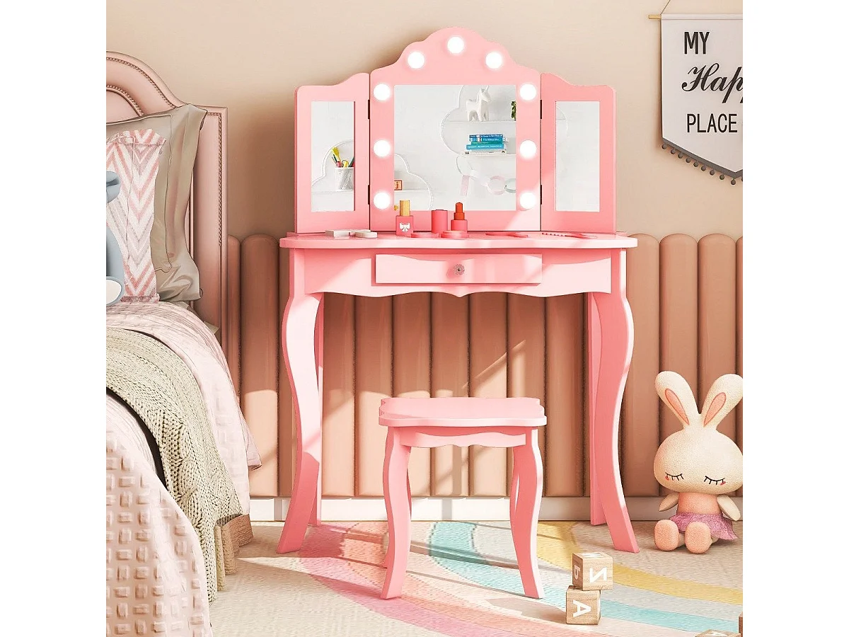 Coiffeuse enfant 2 en 1 avec LED et miroir pliant rose – modèle lumineux