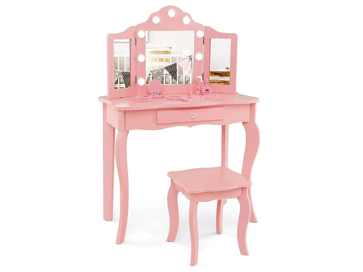 Coiffeuse enfant 2 en 1 avec LED et miroir pliant rose – modèle lumineux